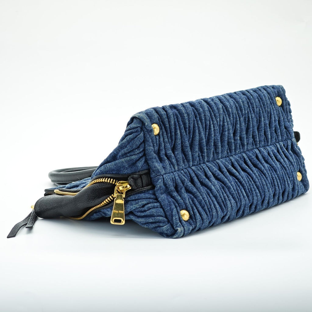 MIUMIU Matelassé Denim Canvas Handbag Horizontal Blue Men & Women