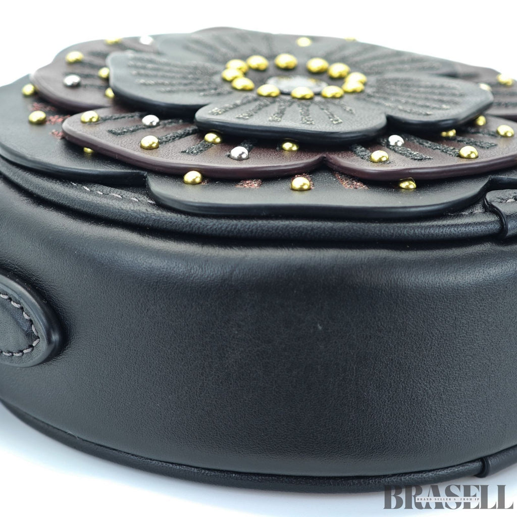 COACH Tea Rose Crossbody Bag CE782 Flower Round Shoulder Bag Black Women’s