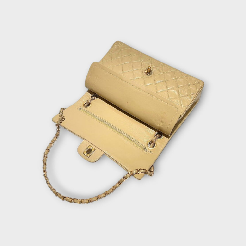 Chanel Classic Double Flap Bag 25 Beige Lambskin with Chain Strap and CC Logo【B】