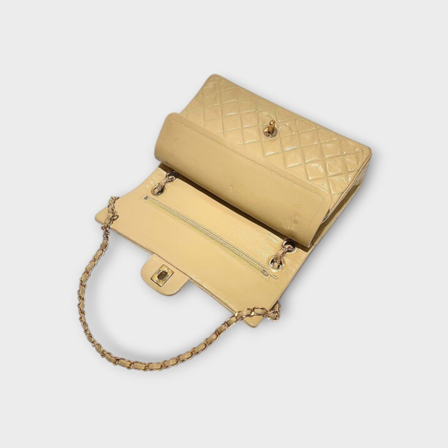Chanel Classic Double Flap Bag 25 Beige Lambskin with Chain Strap and CC Logo【B】