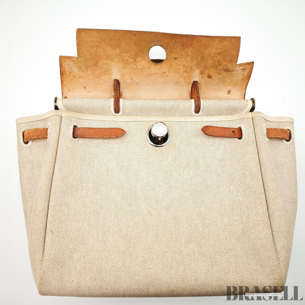 Hermès Herbag MM Handbag Trapezoid Canvas Large Beige Unisex With Padlock