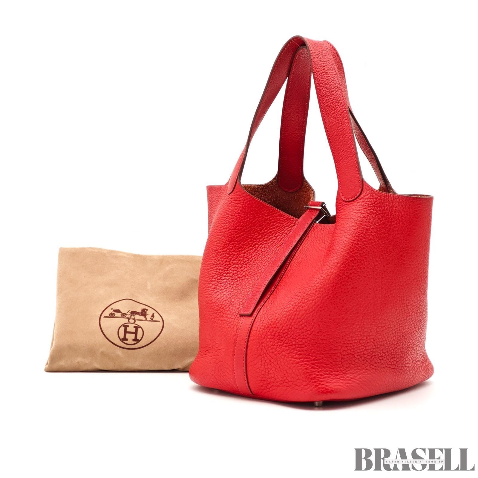 HERMES Picotin Lock MM Tote Bucket Handbag Leather Red w/ Dust Bag