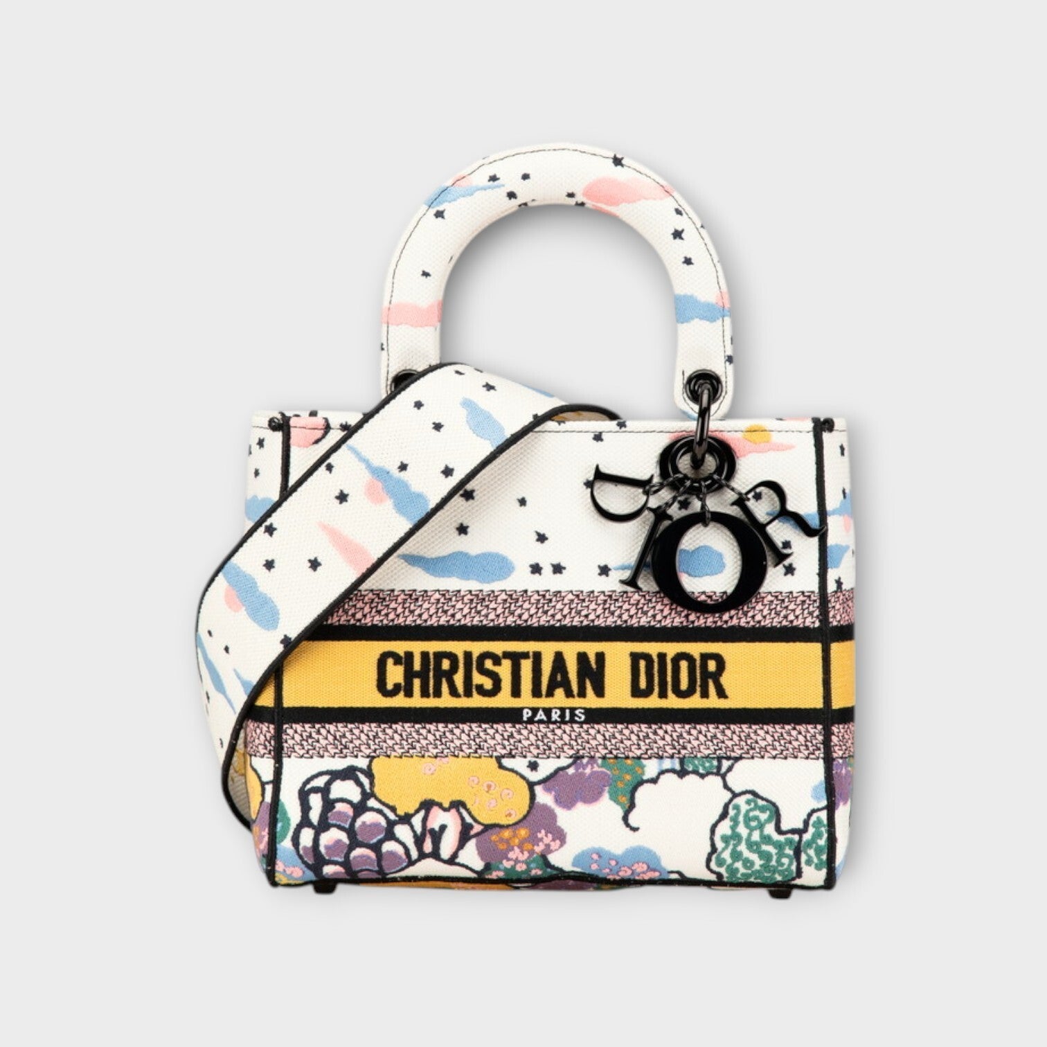 Dior Lady D-Lite Medium Handbag Shoulder Bag 2Way White Multicolor Canvas 【A】