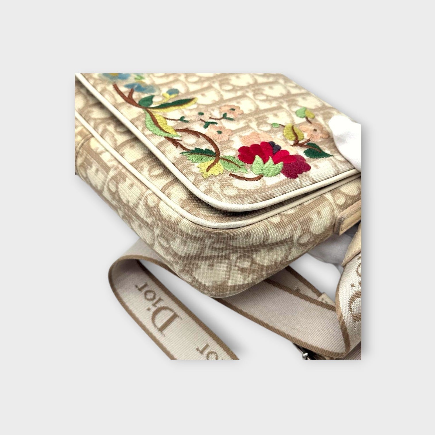 Dior Trotter Flower Embroidery Shoulder Bag CD Hardware Canvas Leather Beige 【B】