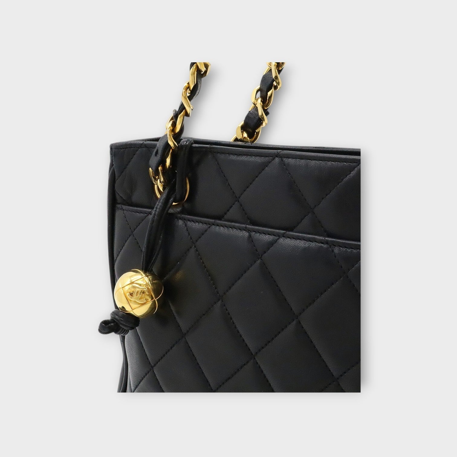 CHANEL Matelassé Coco Ball Chain Tote Bag Shoulder Bag Leather Black 【B】