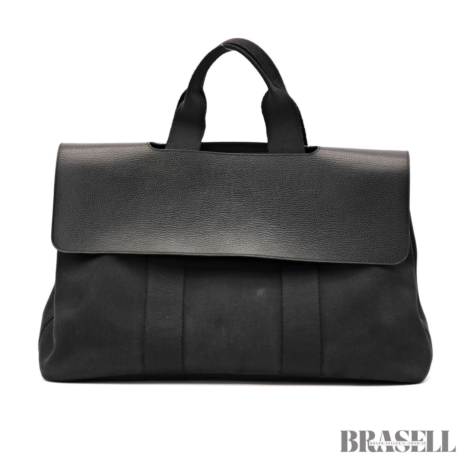 HERMES Valparaiso MM Handbag Toile Chevron Leather Black Unisex With Dust Bag