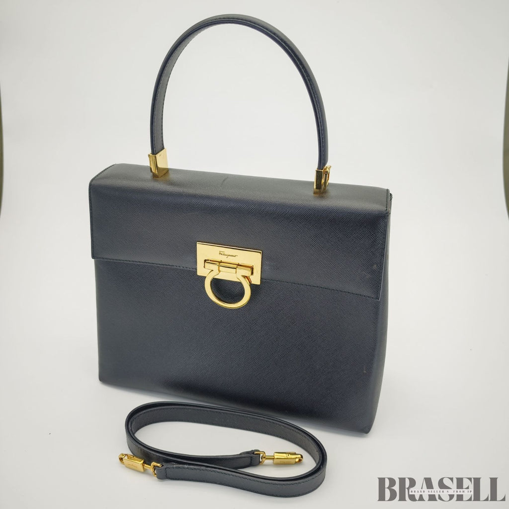 Ferragamo Gancini 2-Way Shoulder Bag Tote Bag Black with Shoulder Strap