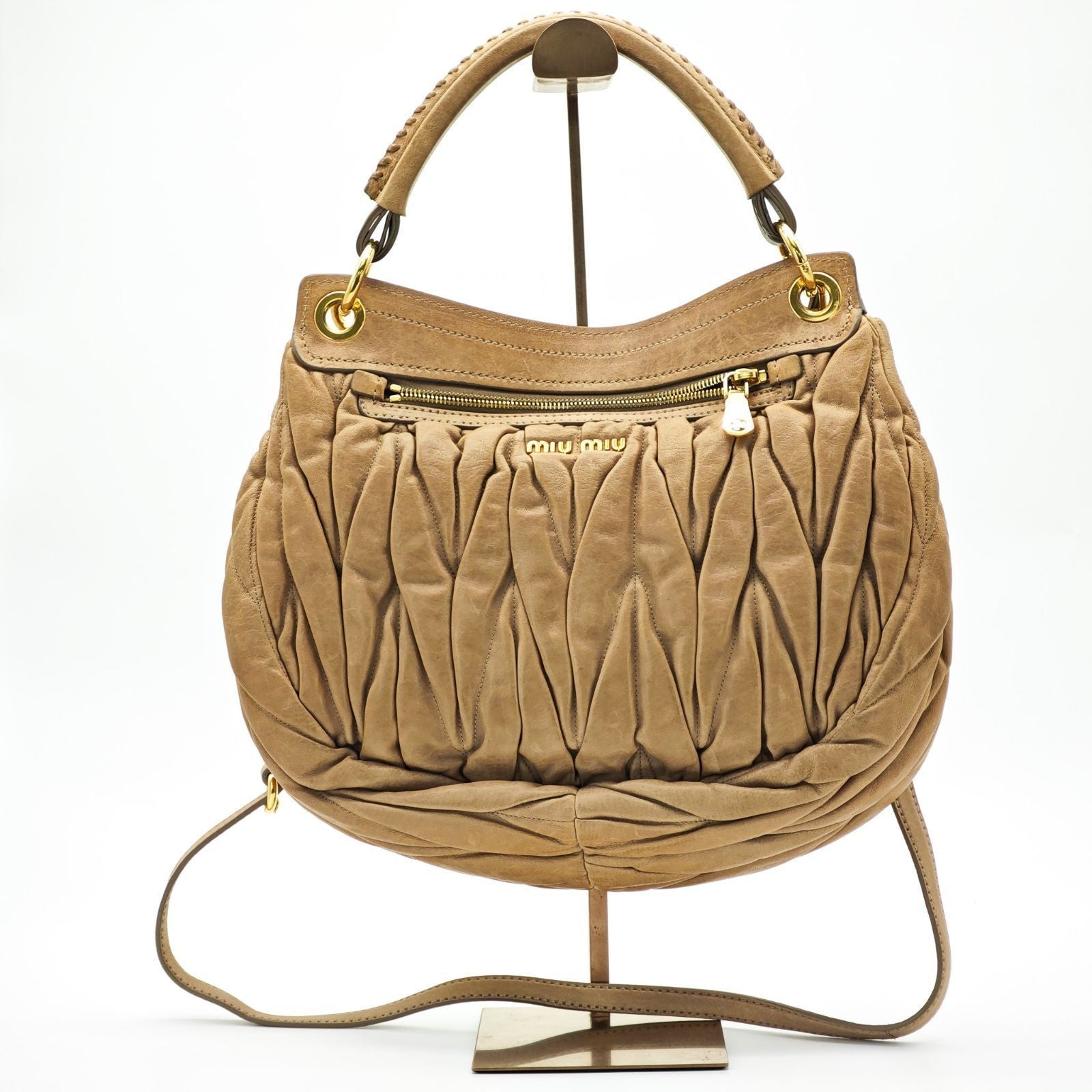 MIU MIU Matelassé Leather Handbag 2-Way Brown Women's