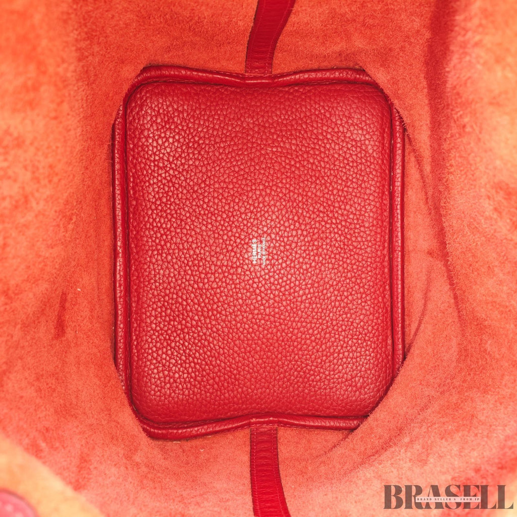 HERMES Picotin Lock Red Handbag Tote Bag Leather Silver Hardware with Padlock