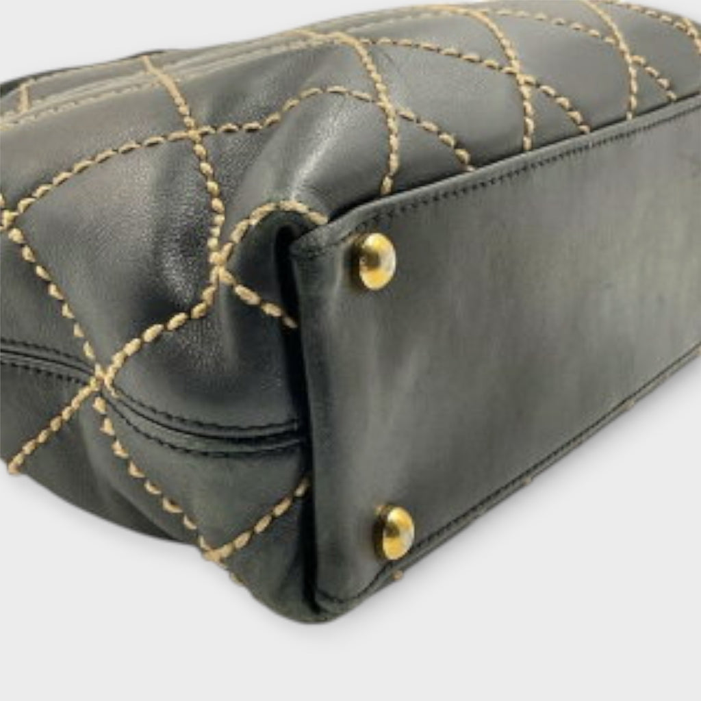 CHANEL A18126 Wild Stitch Tote Bag Leather Serial Seal Peeling Black x Beige