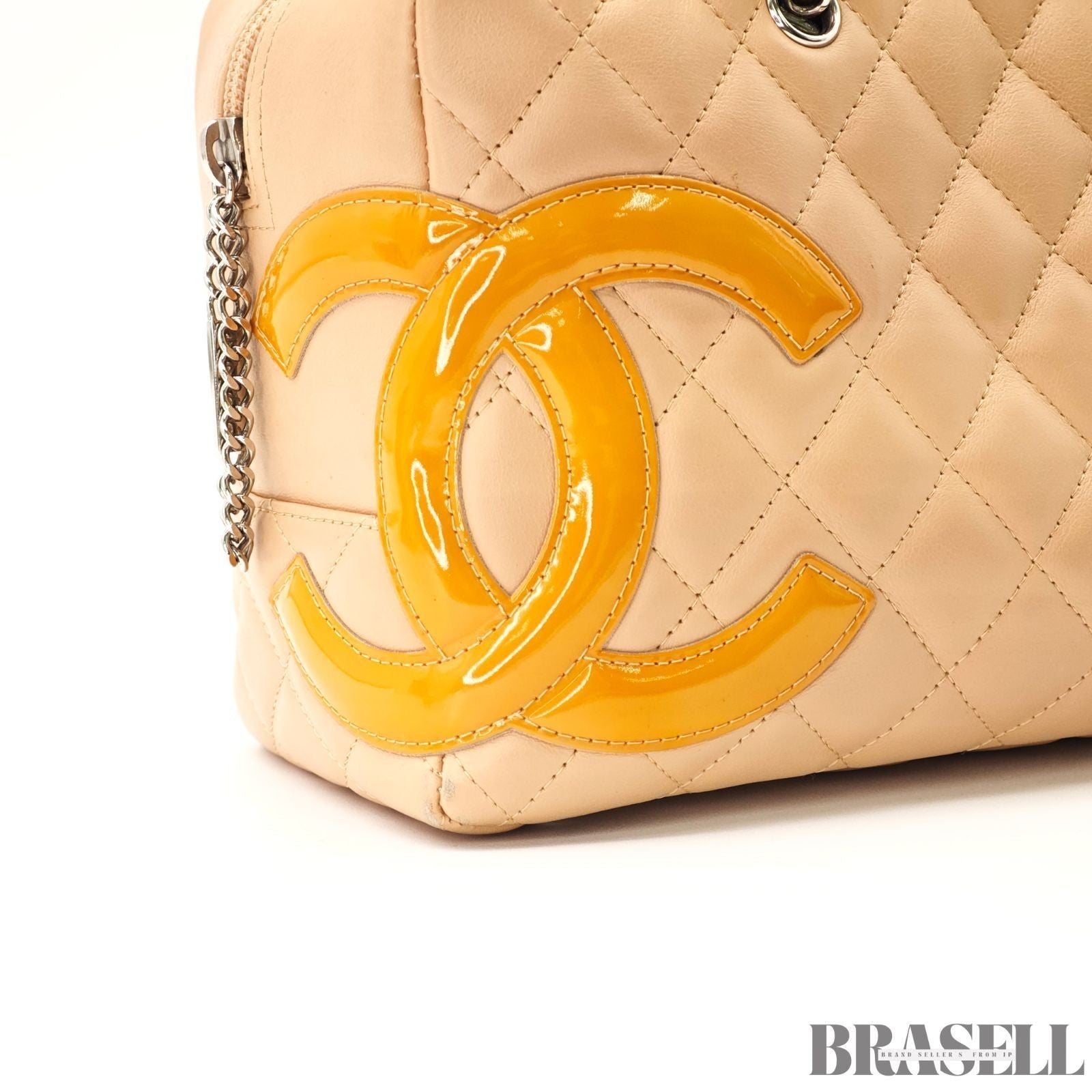 CHANEL Cambon Line Bowling Tote Bag Handbag Leather Beige with Warranty Card