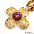 CHANEL Gripoix Long Chain Necklace Gold Red Flower Motif With Box