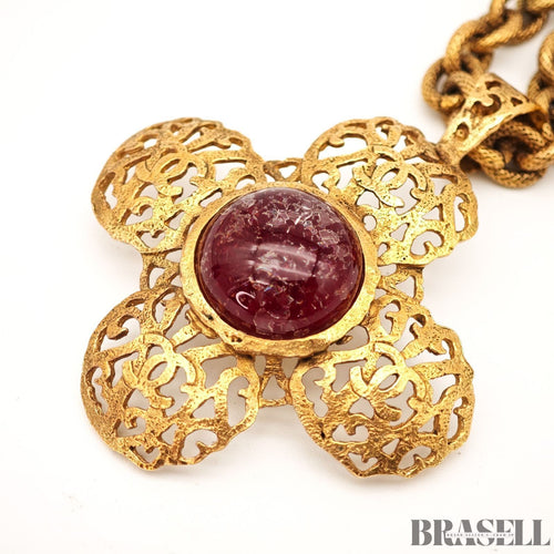 CHANEL Gripoix Long Chain Necklace Gold Red Flower Motif With Box