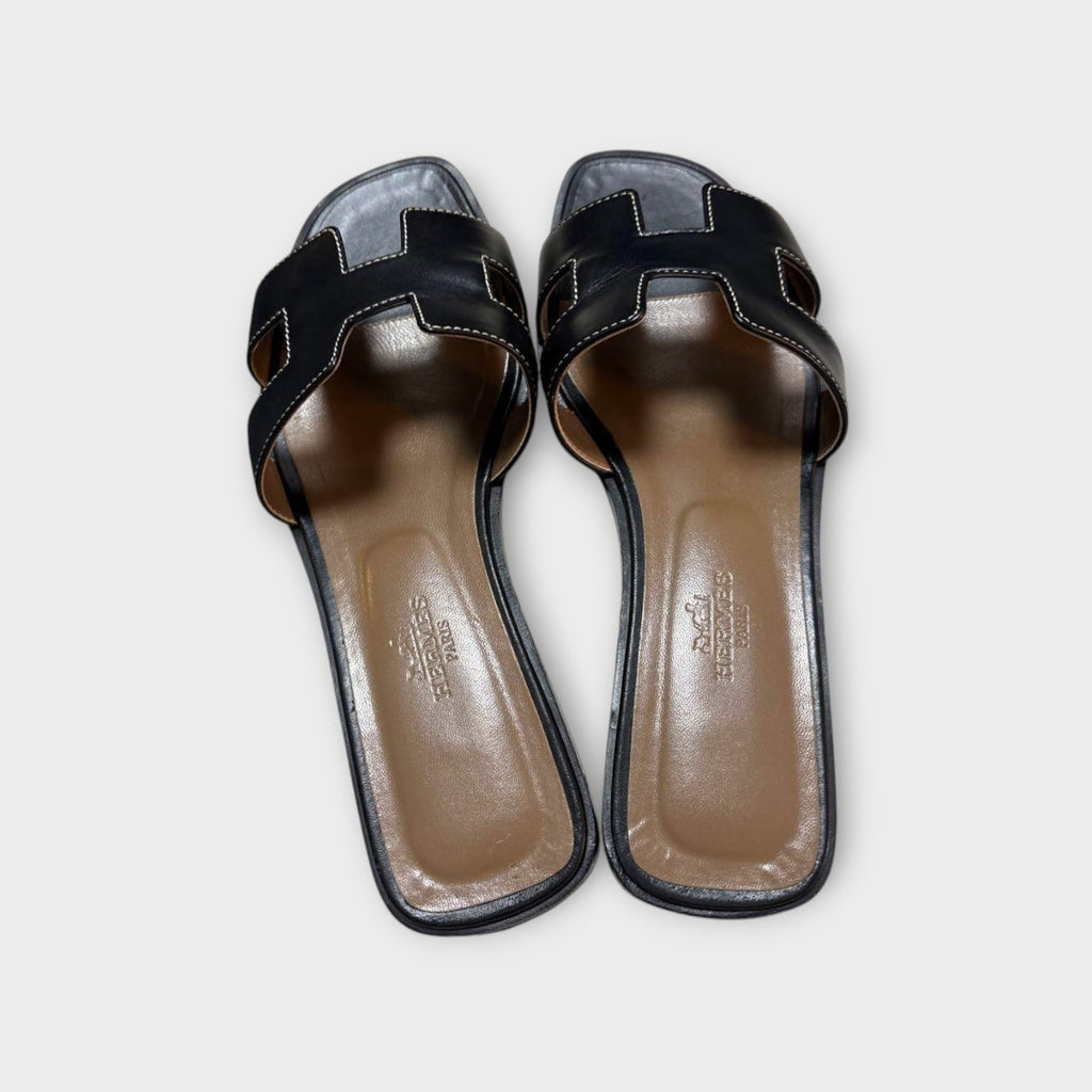 Hermès Oran Leather Sandals Ladies Mules Size US 6.5 UK 6 EU 37 Black 【B】