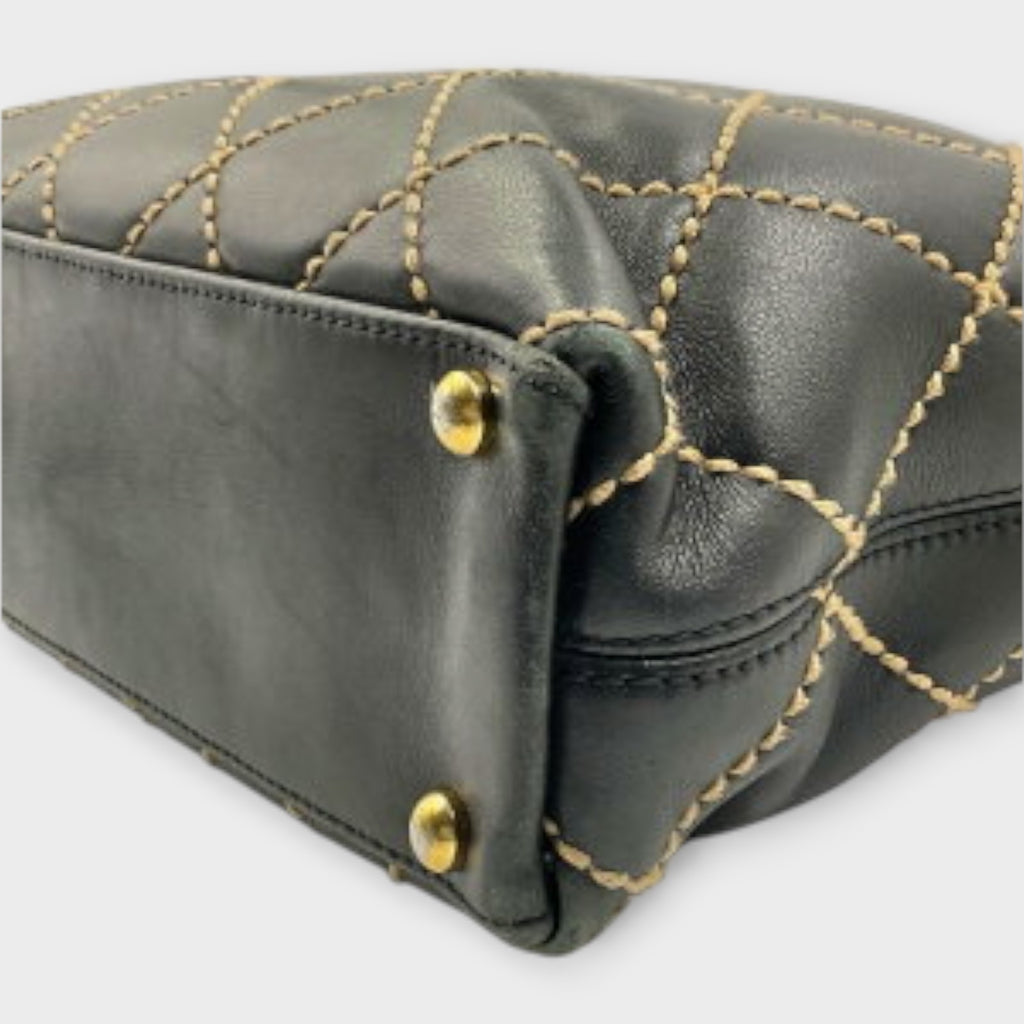 CHANEL A18126 Wild Stitch Tote Bag Leather Serial Seal Peeling Black x Beige