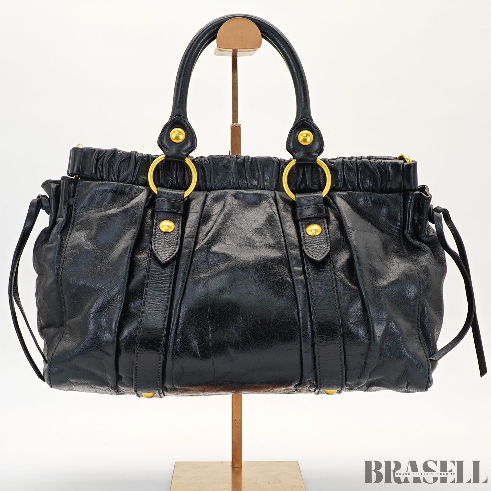 Miu Miu Gathered Handbag RT0383 2-Way Shoulder Bag Black