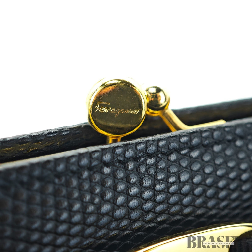 Salvatore Ferragamo Vara Ribbon 22-3054 Embossed Compact Shoulder Bag Black