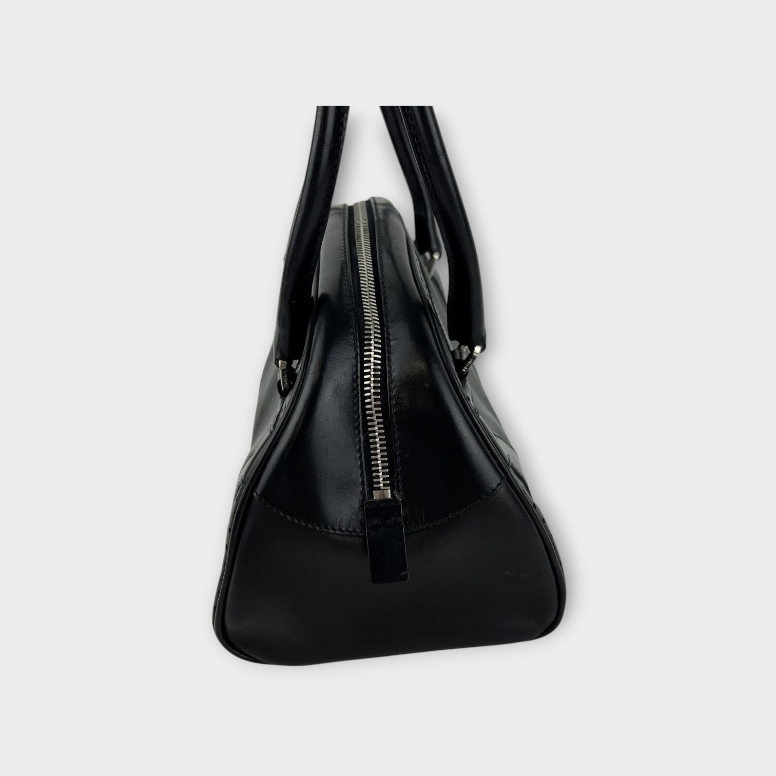 Prada Handbag Bowling Bag Black Leather Vintage Silver Hardware 【B】
