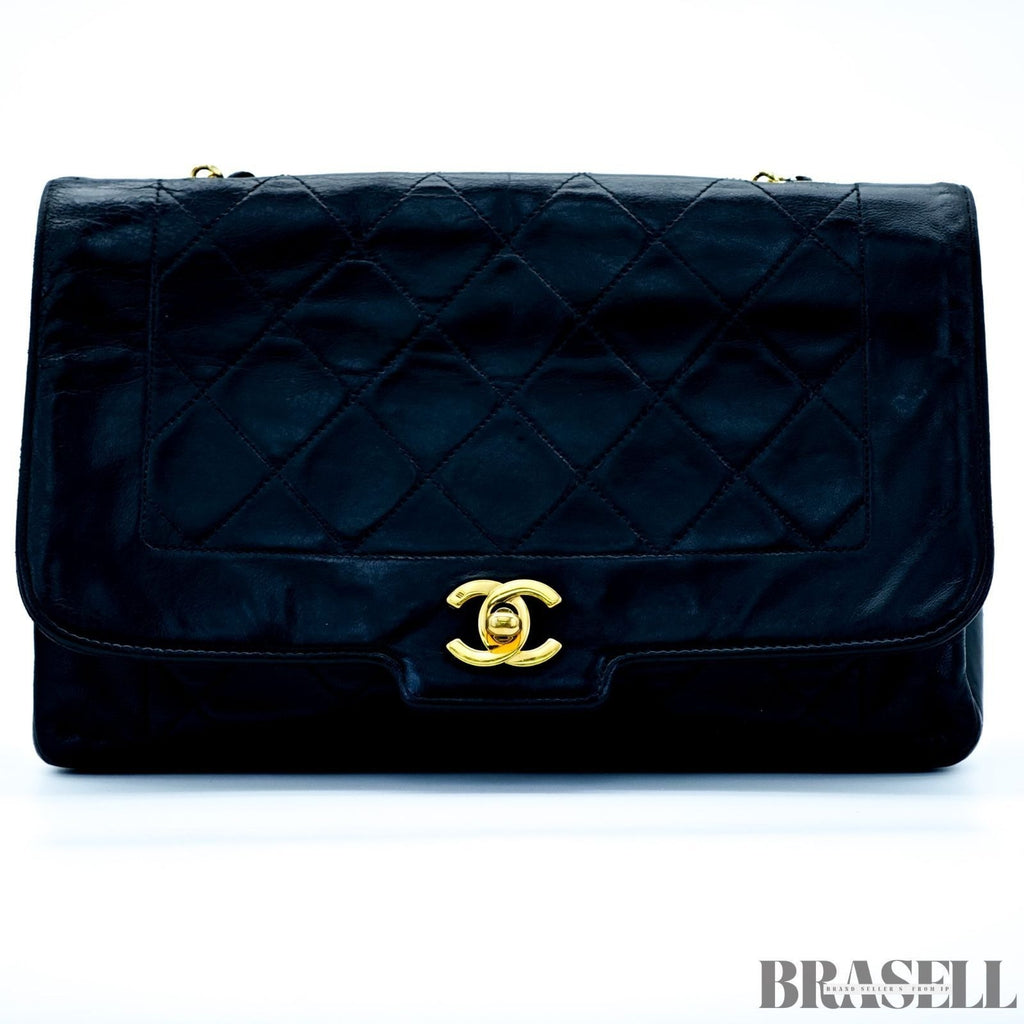 Chanel Matelassé Coco Mark Diana Shoulder Bag Flap Compact Black Leather Women