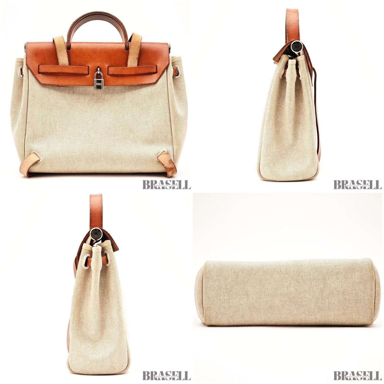 Hermès Herbag MM Handbag Trapezoid Canvas Large Beige Unisex With Padlock