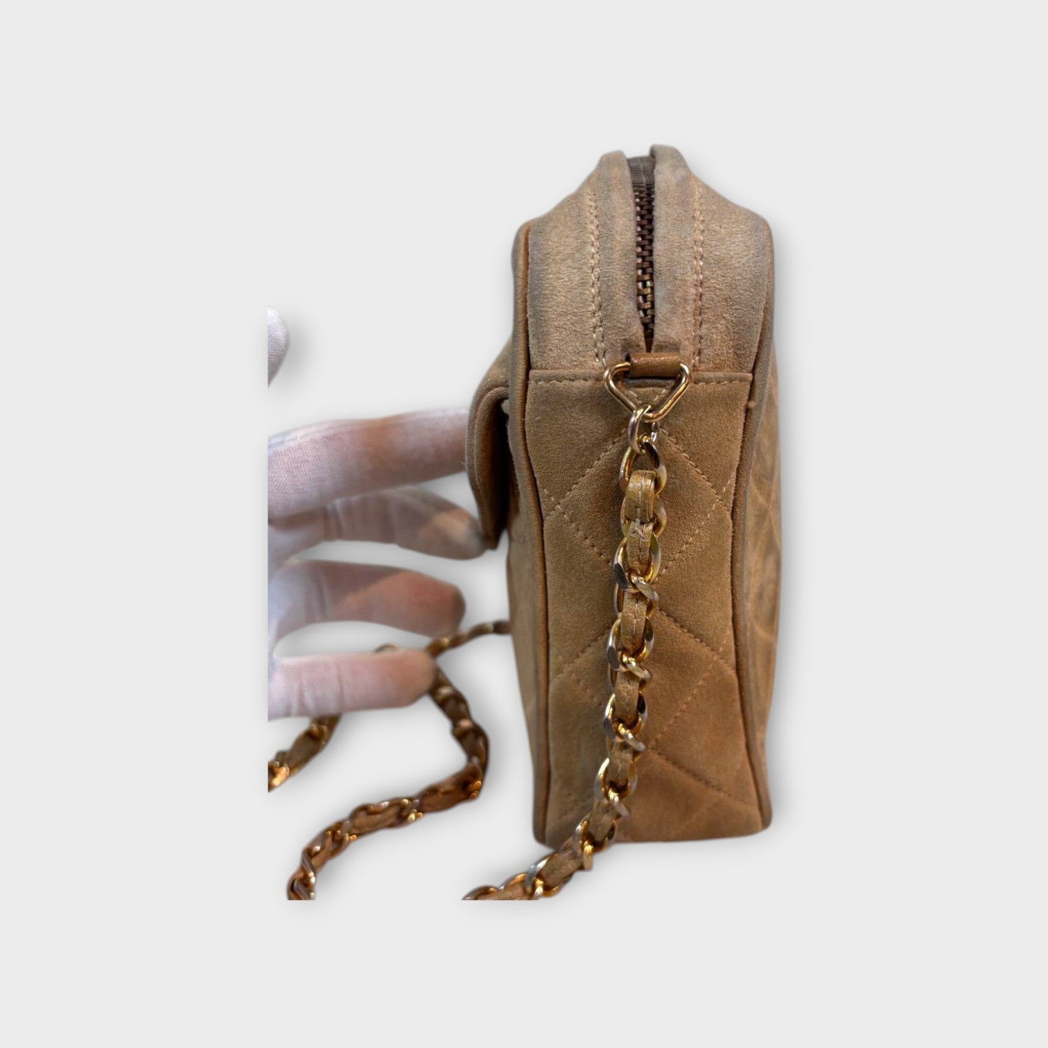 CHANEL Chain Shoulder Bag Matelassé Suede Leather Coco Mark Beige 【B】