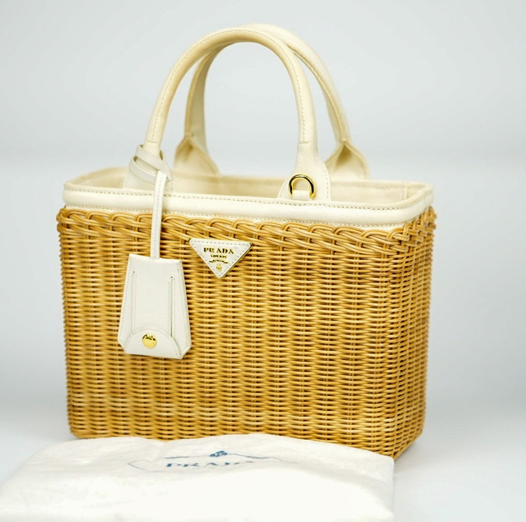 PRADA Canapa Wicker Basket Bag Rattan Raffia 2Way Beige White hand shoulder 【B】