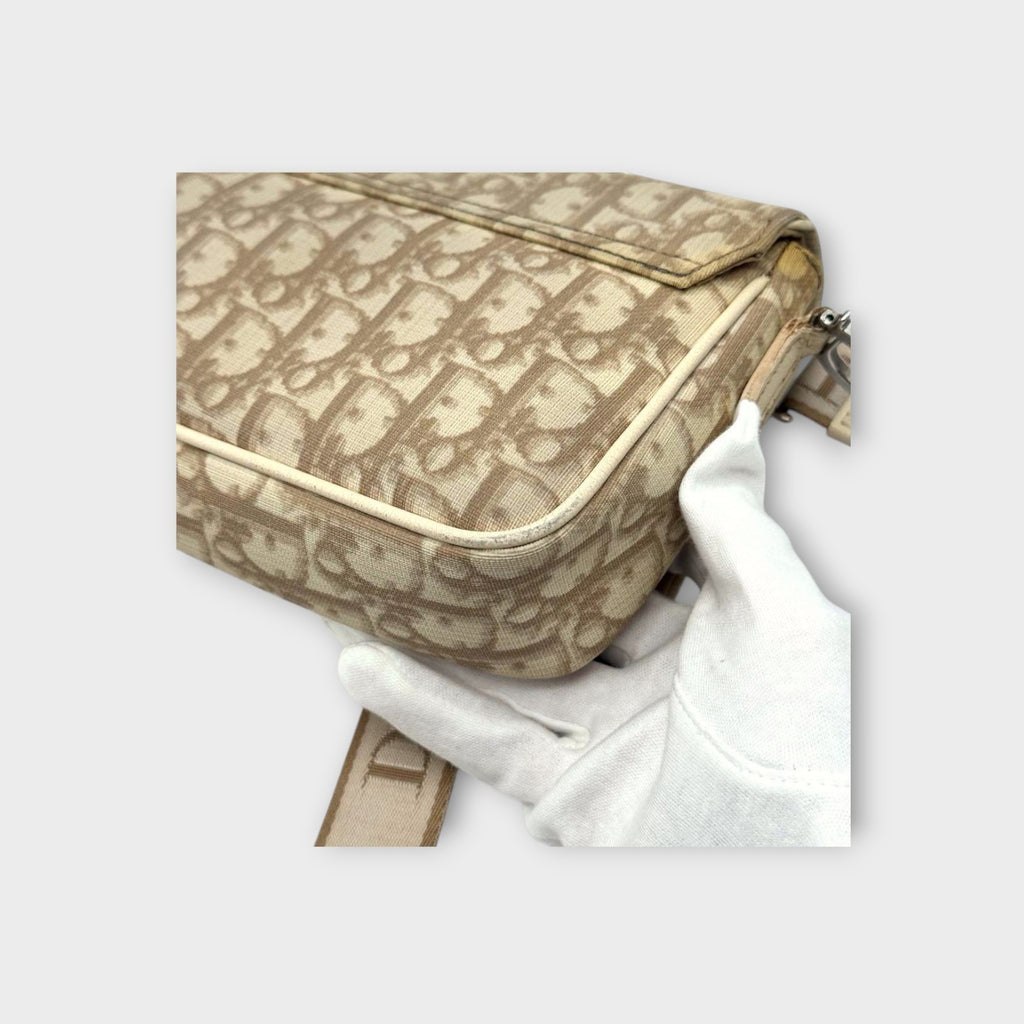 Dior Trotter Flower Embroidery Shoulder Bag CD Hardware Canvas Leather Beige 【B】