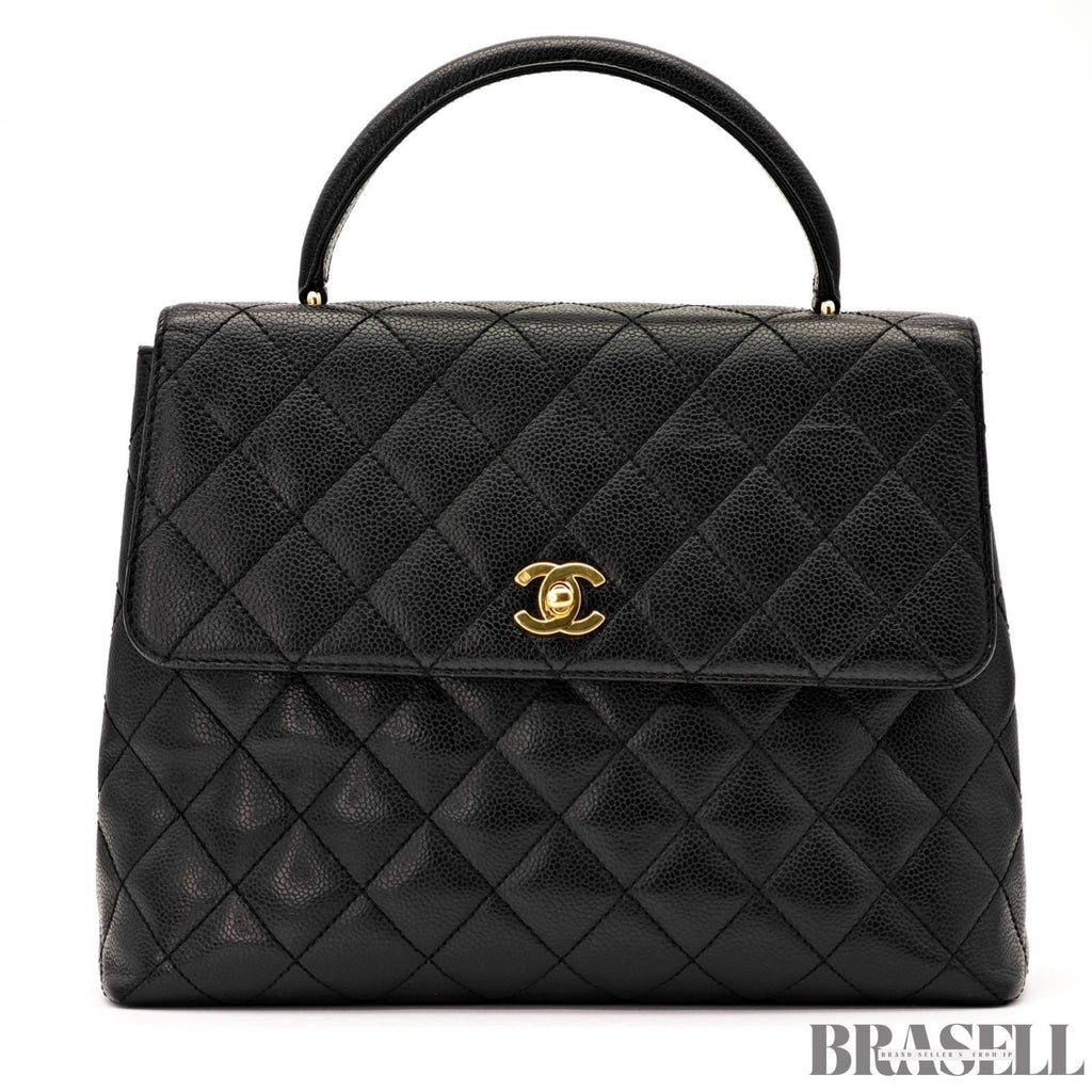 CHANEL Top Handle Bag Caviar Leather Handbag Black Women's with Dust Bag Card