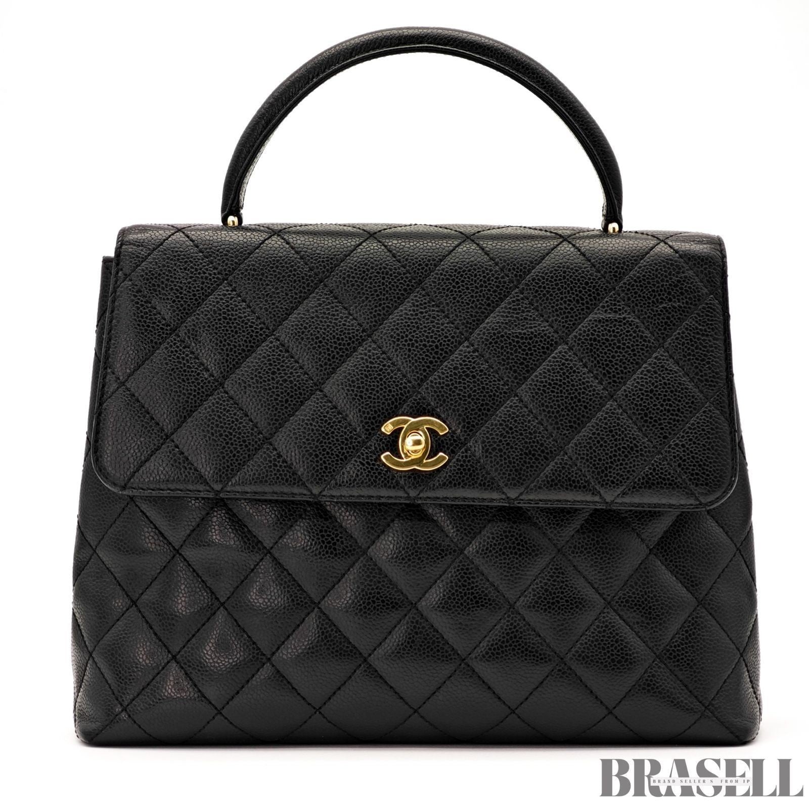 CHANEL Top Handle Bag Caviar Leather Handbag Black Women's with Dust Bag Card
