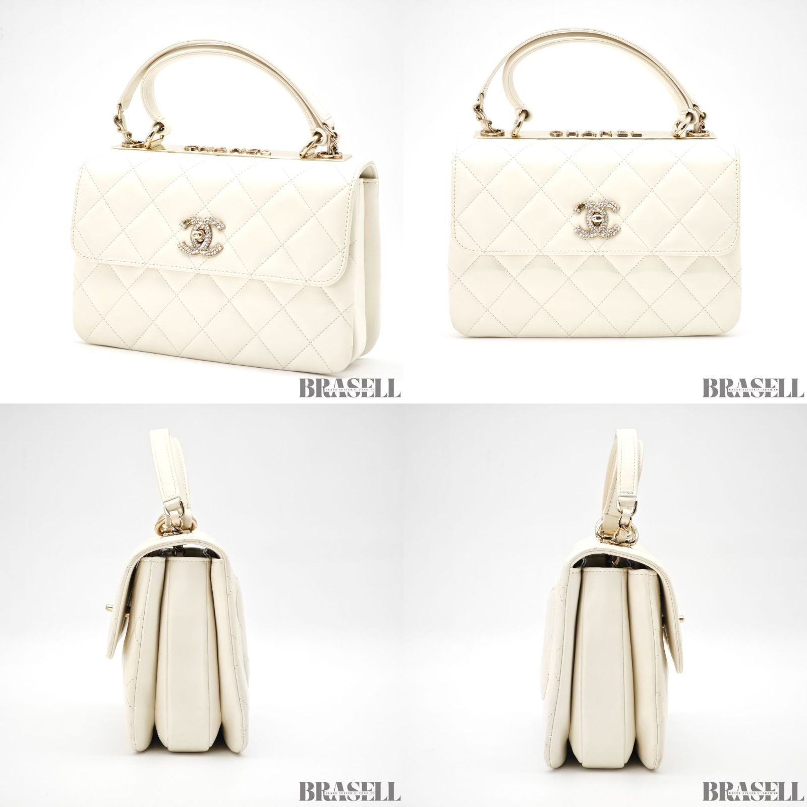CHANEL Matelasse Coco Mark Lambskin Top Handle Flap Bag Chain Shoulder White