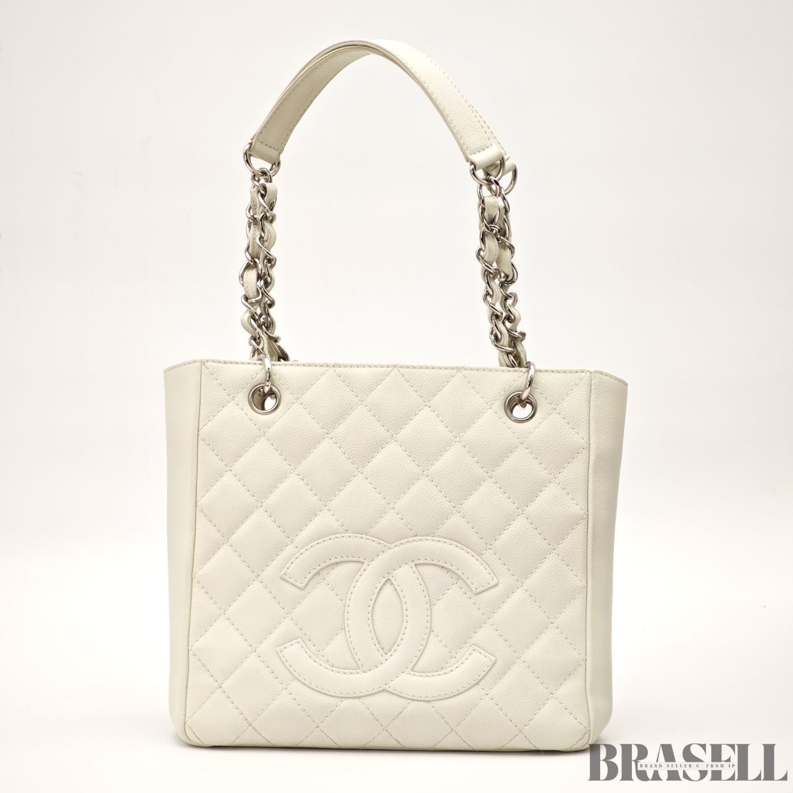 CHANEL Matelasse White Chain Tote Bag Handbag Caviar Skin w/ Box Authentic Card