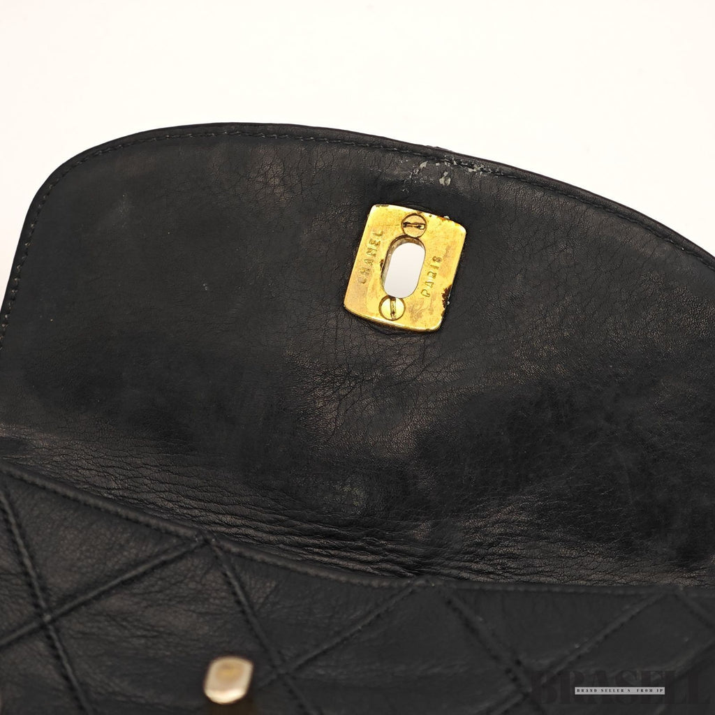 CHANEL Belt Bag Black Leather Gold Turnlock CC Logo Chain Waist Pouch Quilting