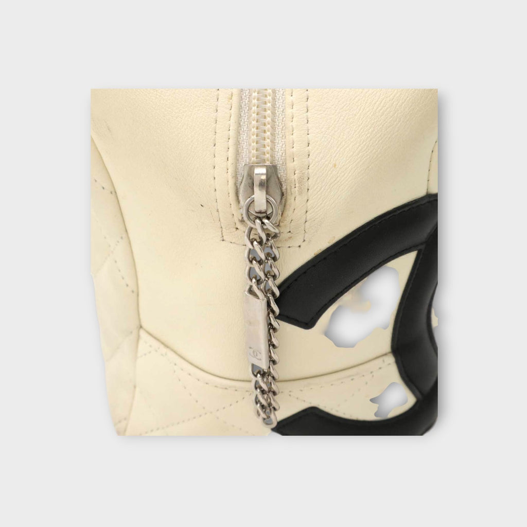 CHANEL Cambon Line Bowling Tote Bag Soft Calf White Black A25171 【B】