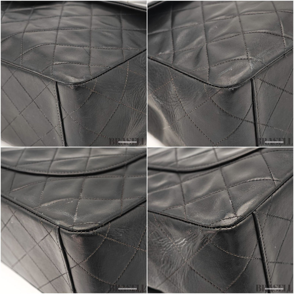 CHANEL Maxi Jumbo Matelasse Quilted Lambskin Chain Handbag Top Handle Bag Black