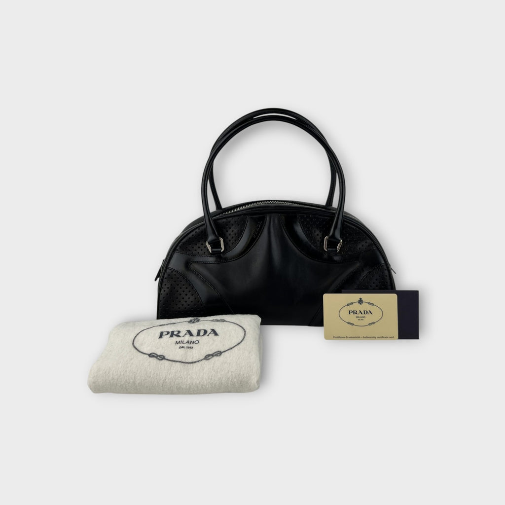 Prada Handbag Bowling Bag Black Leather Vintage Silver Hardware 【B】