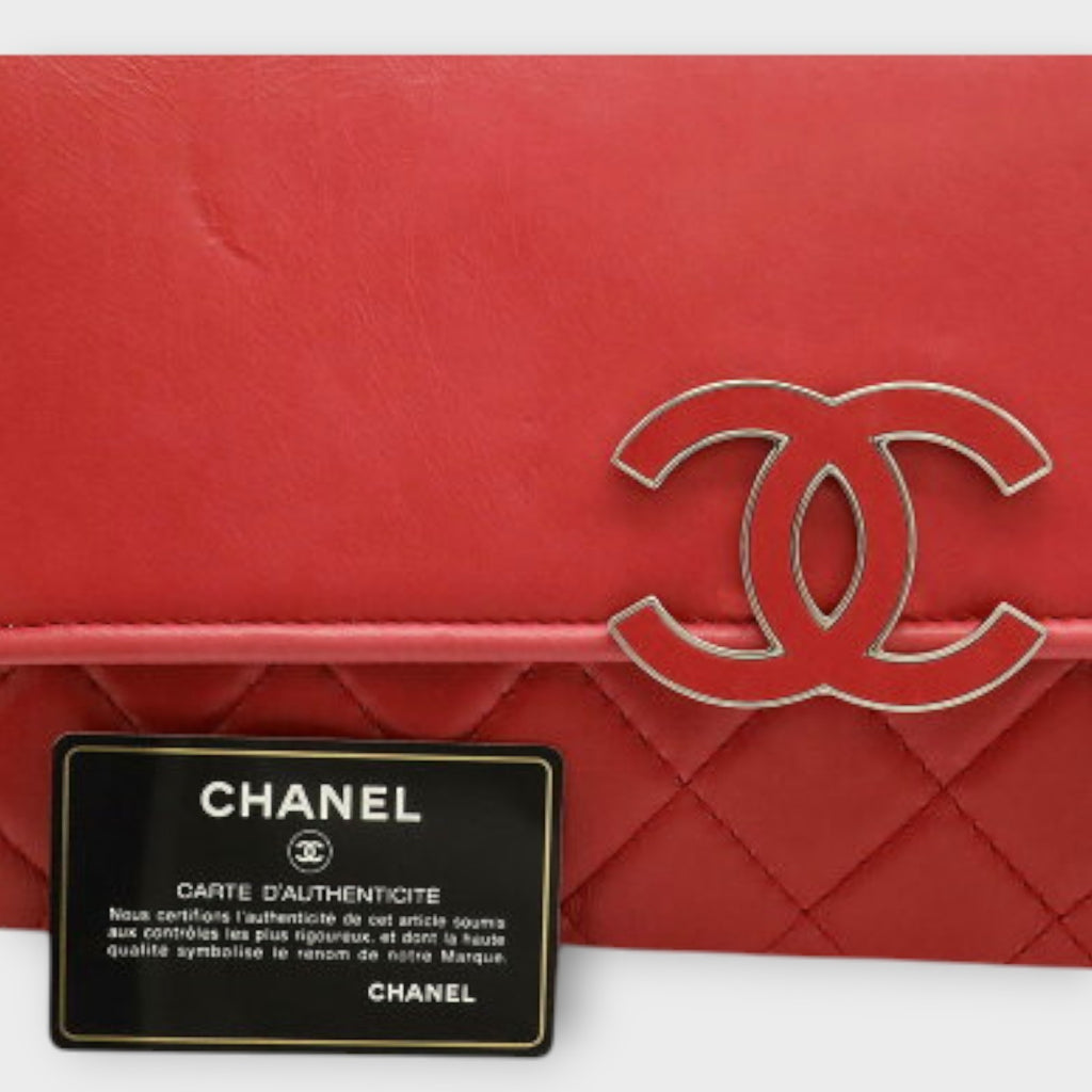 CHANEL Hamptons Coco Mark Chain Shoulder Bag Lambskin Leather Red