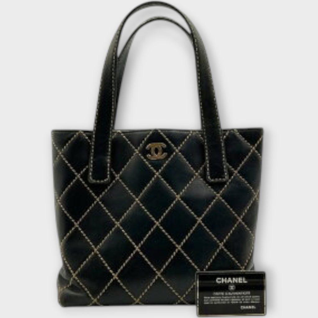CHANEL A18126 Wild Stitch Tote Bag Leather Serial Seal Peeling Black x Beige