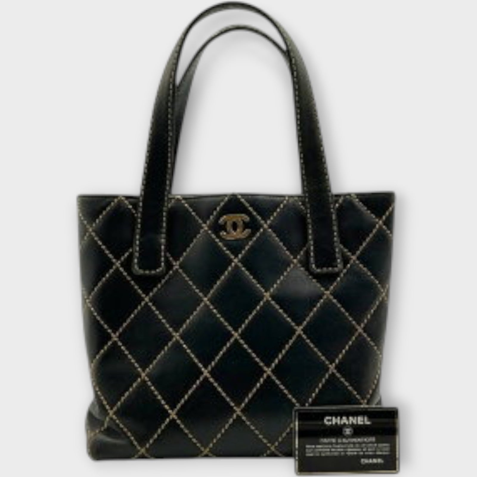 CHANEL A18126 Wild Stitch Tote Bag Leather Serial Seal Peeling Black x Beige