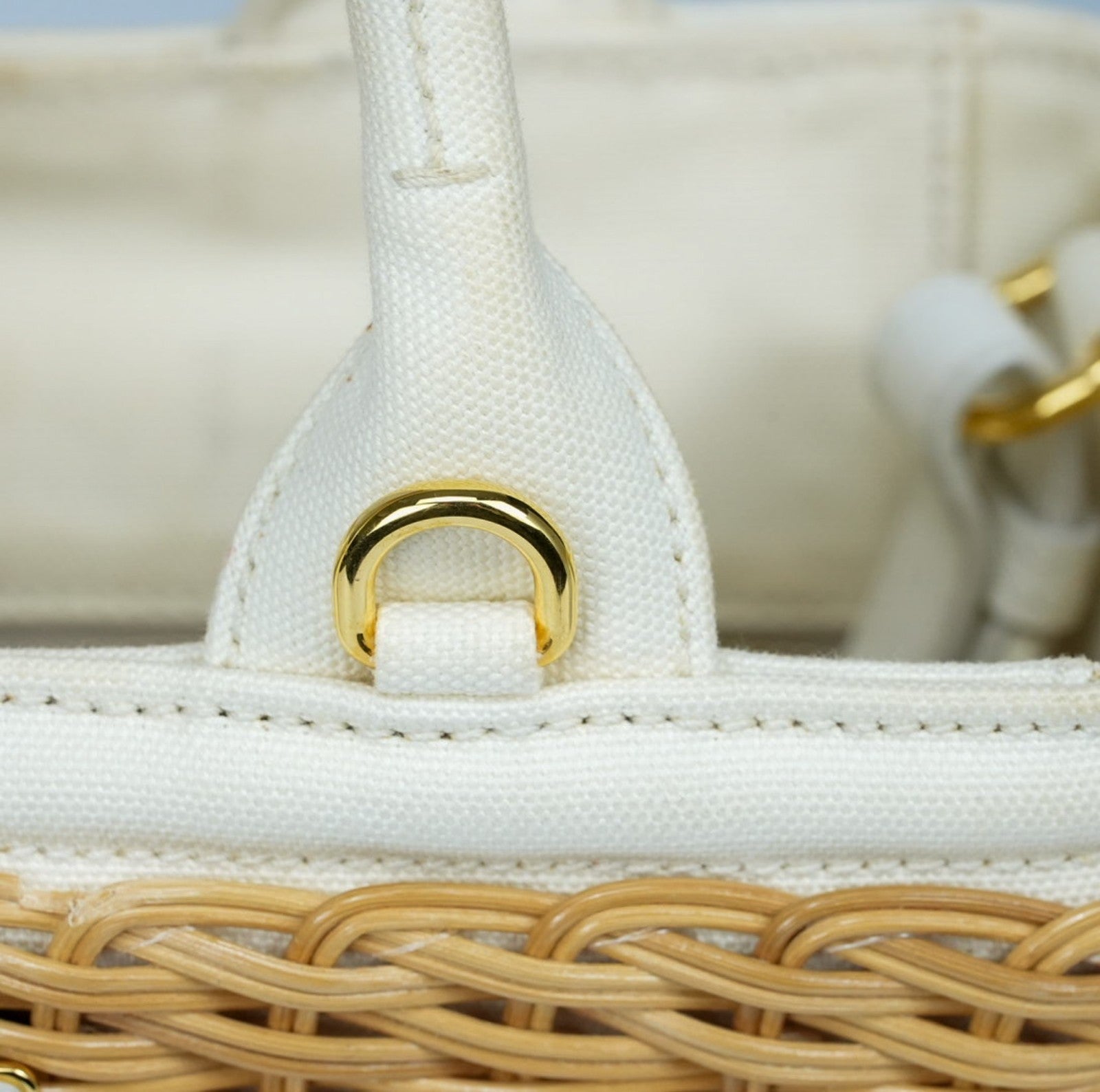 PRADA Canapa Wicker Basket Bag Rattan Raffia 2Way Beige White hand shoulder 【B】