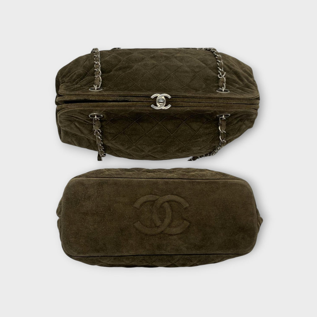 CHANEL Coco Mark Matelassé Suede Chain Shoulder Bag Brown Silver Hardware 【B】
