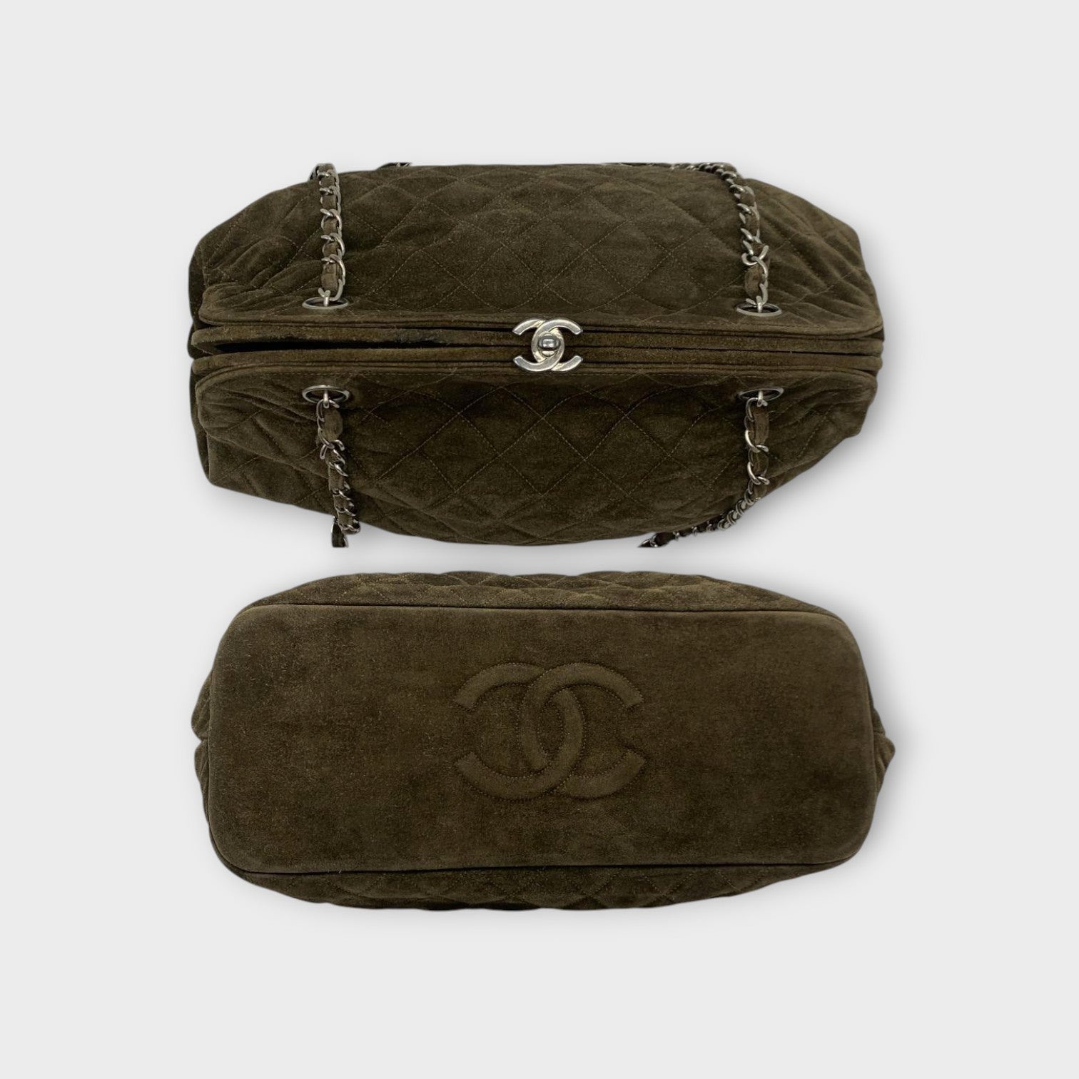CHANEL Coco Mark Matelassé Suede Chain Shoulder Bag Brown Silver Hardware 【B】