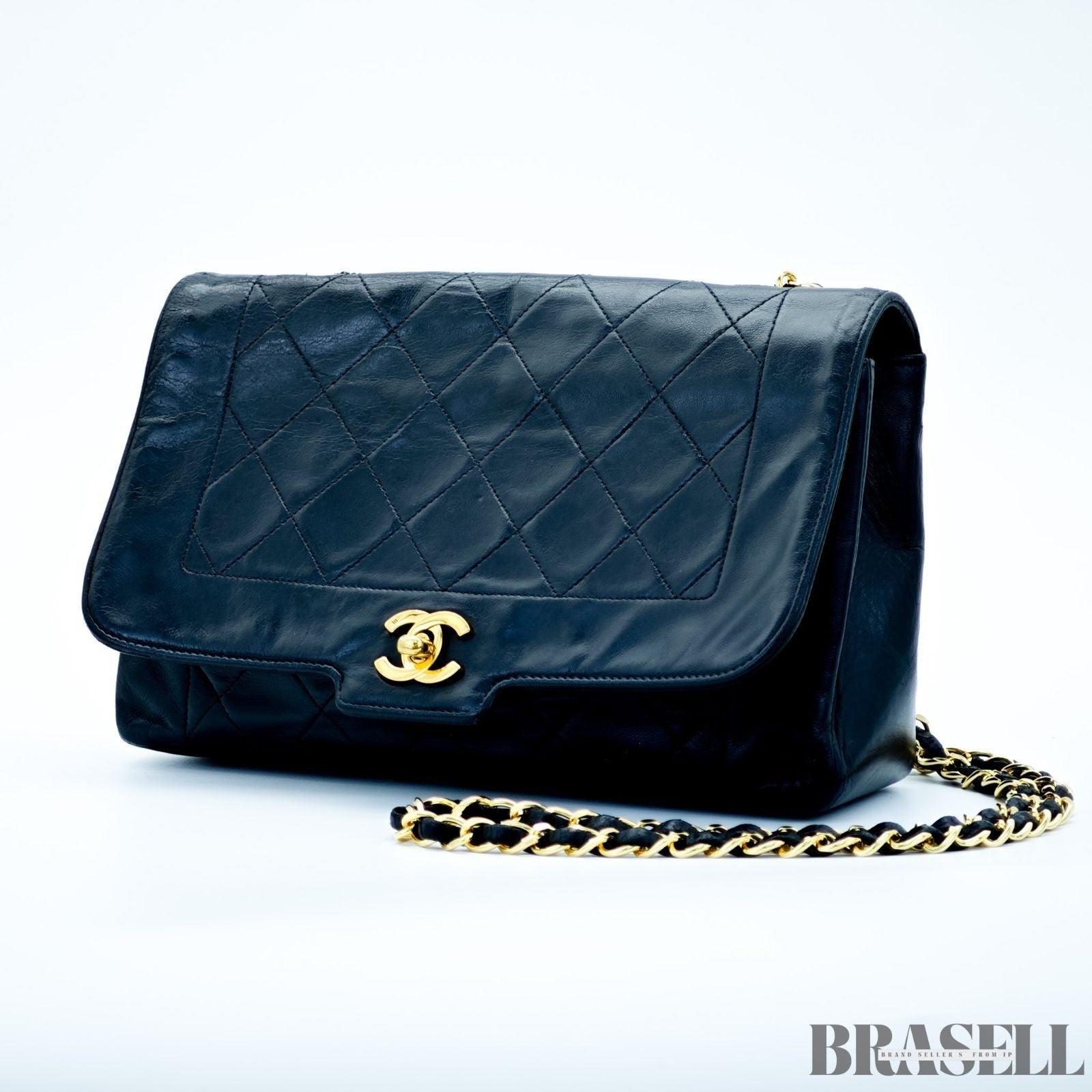 Chanel Matelassé Coco Mark Diana Shoulder Bag Flap Compact Black Leather Women