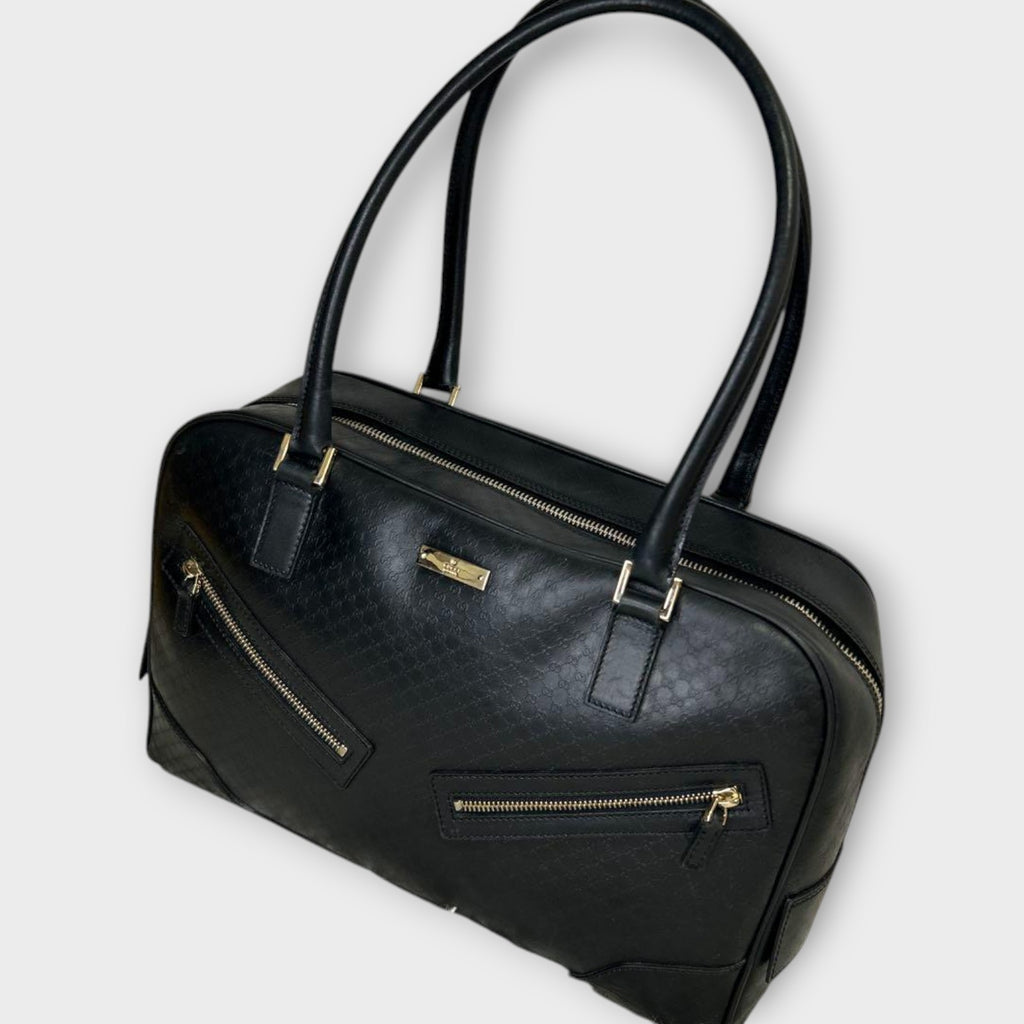GUCCI Mini Boston Bag Handbag Logo Microguccissima Black Leather