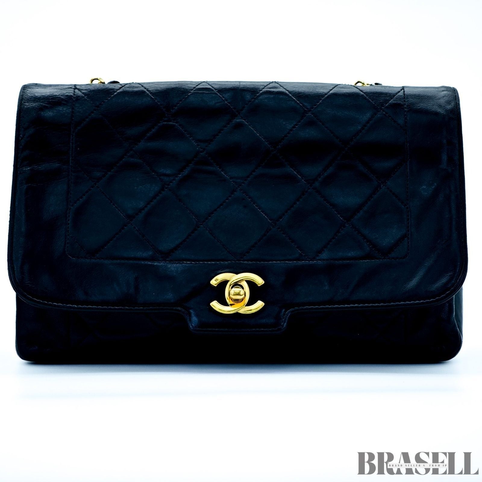 Chanel Matelassé Coco Mark Diana Shoulder Bag Flap Compact Black Leather Women