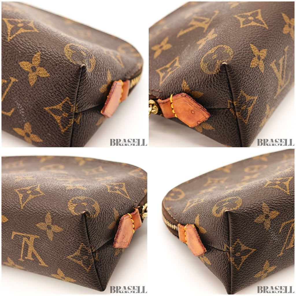 LOUIS VUITTON Logo Pochette Cosmetic PM Pouch Monogram Leather Brown M47515