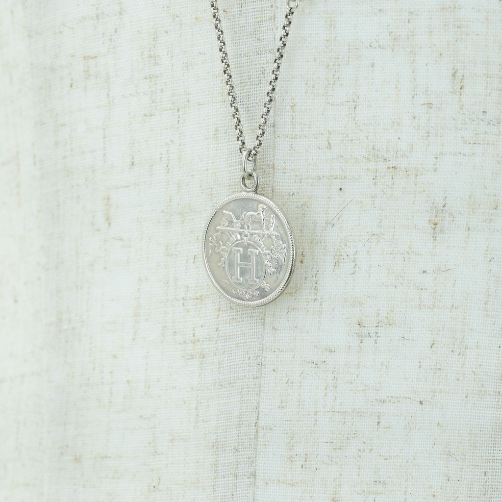 HERMES Ex Libris MM Necklace Coin Silver for Women' Men's