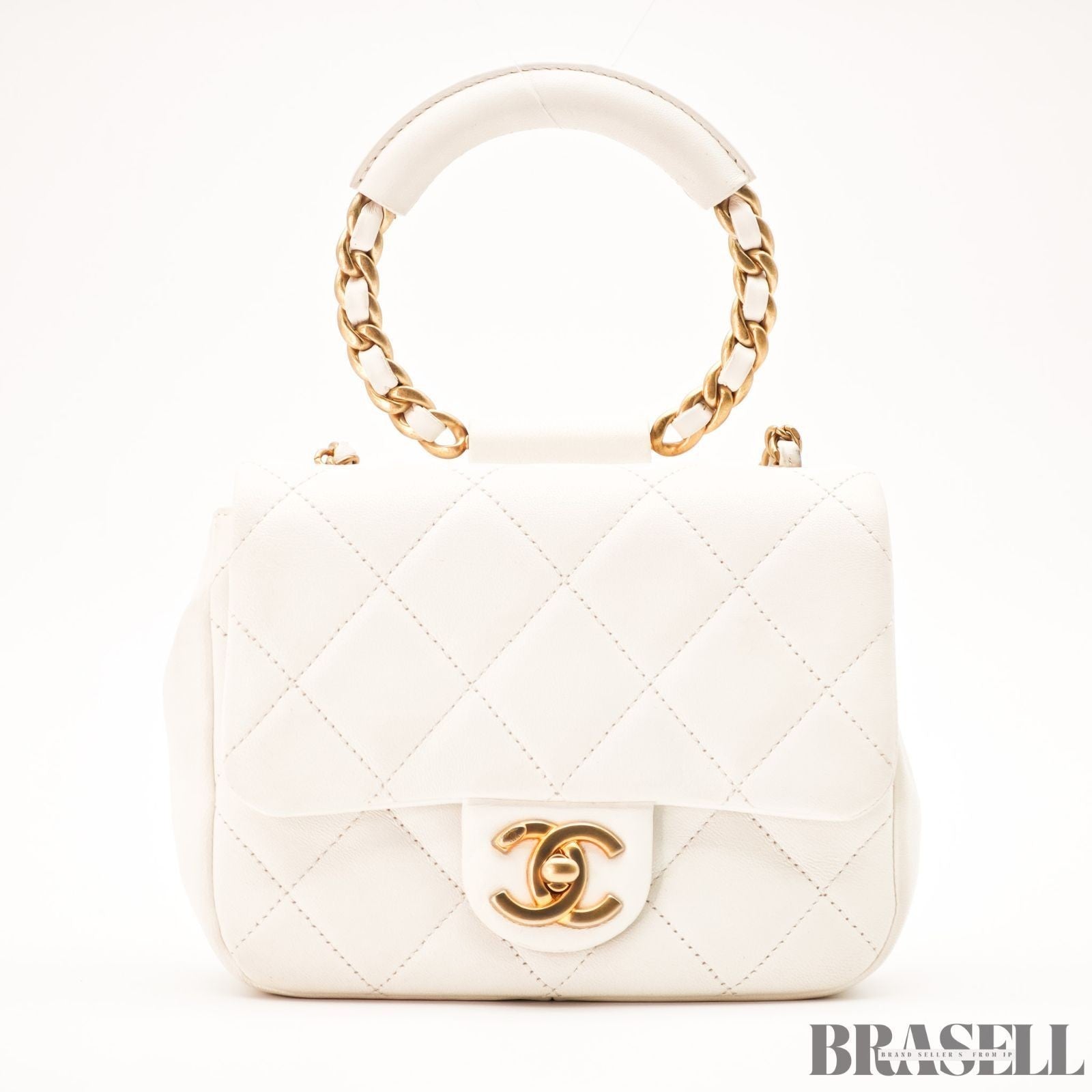 CHANEL Matelassé Top Handle Bag Handbag Shoulder Bag 2Way Lambskin White