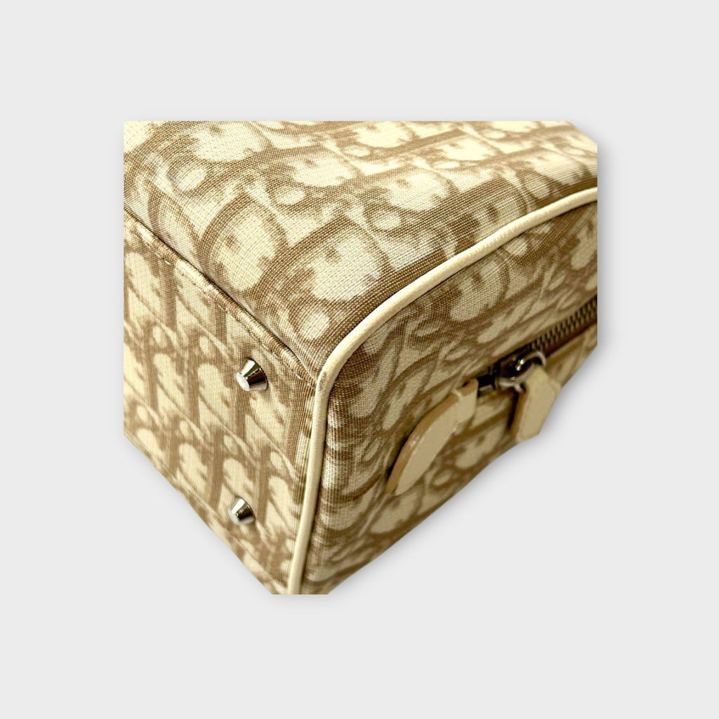 Dior Trotter PVC Leather Floral Handbag Tote Bag Beige Silver Hardware 【B】
