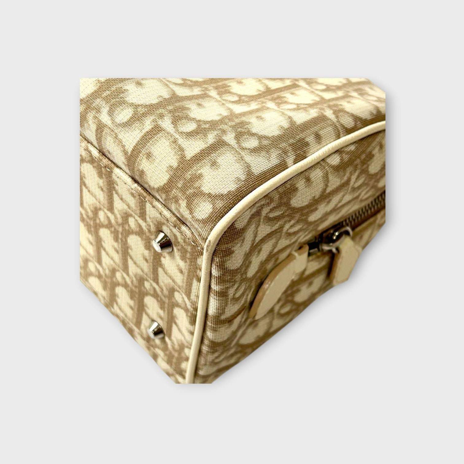 Dior Trotter PVC Leather Floral Handbag Tote Bag Beige Silver Hardware 【B】