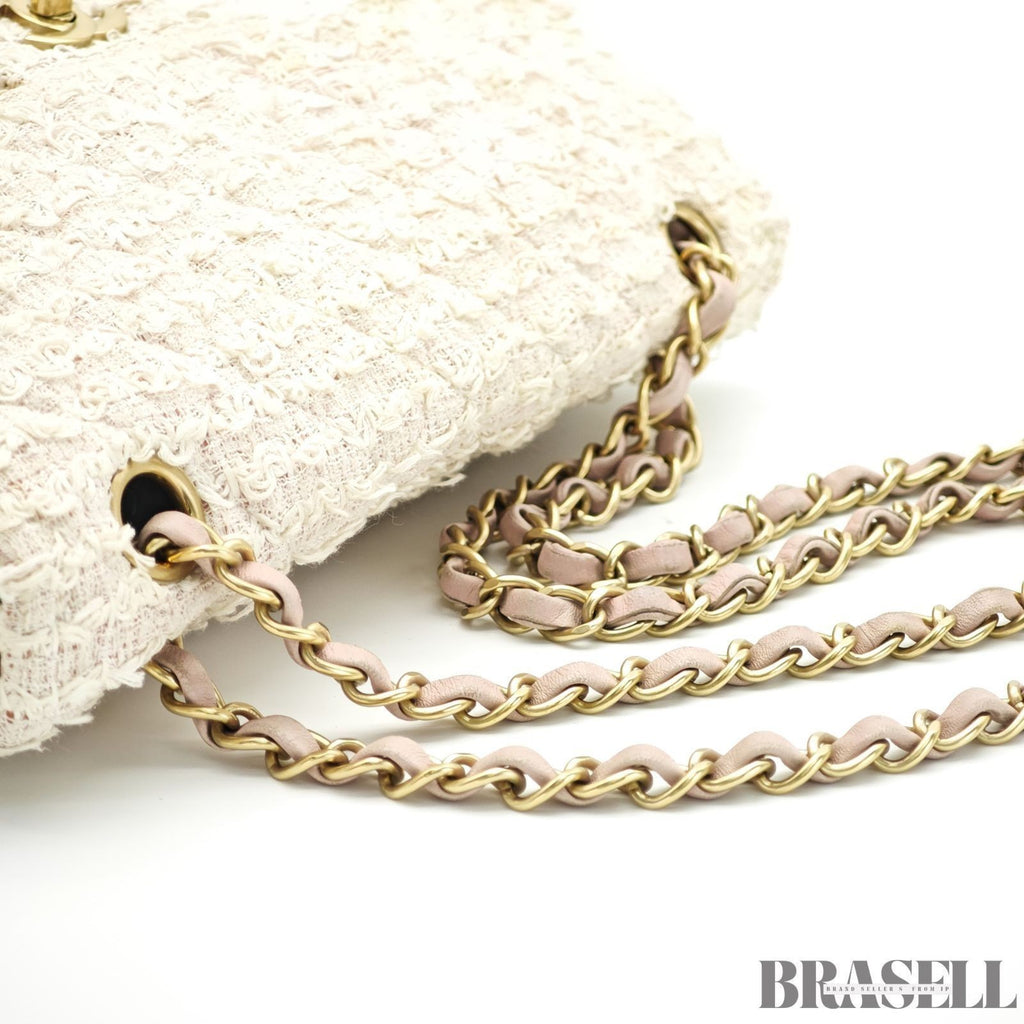Chanel Matelassé Tweed Chain Shoulder Bag Pink White  Woman